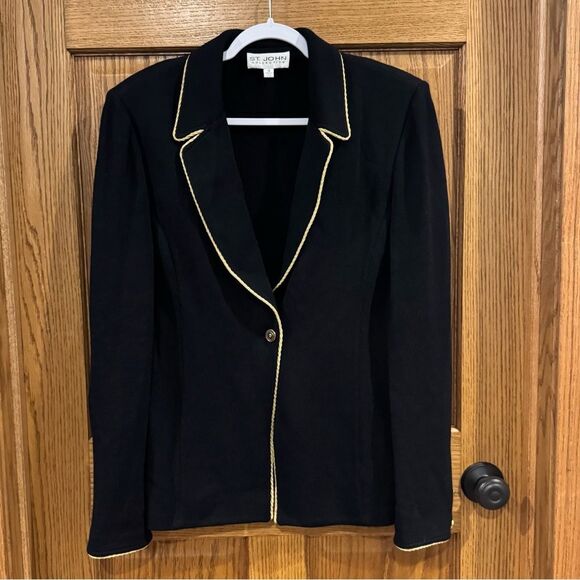 St. John Collection Black Santana Knit Blazer with Gold Trim – Size 12 - Picture 1 of 10